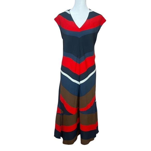 Zara Basic Mod Striped Midi Dress V-Neck Red Navy Fit Flare Long Size Medium - Picture 1 of 8